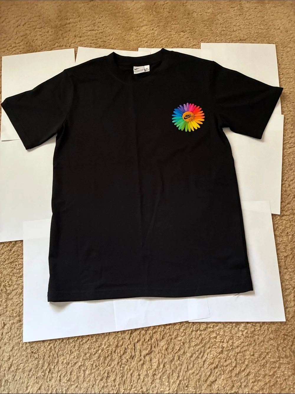 Women Black T‑Shirt with Rainbow Flower Graphic